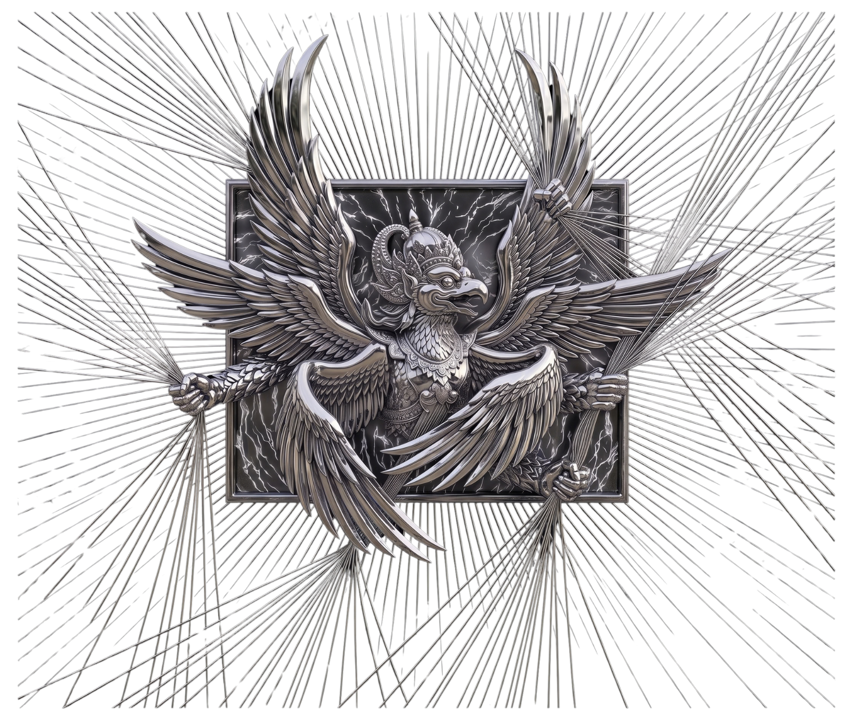 Silver engraved Garuda emblem radiating light